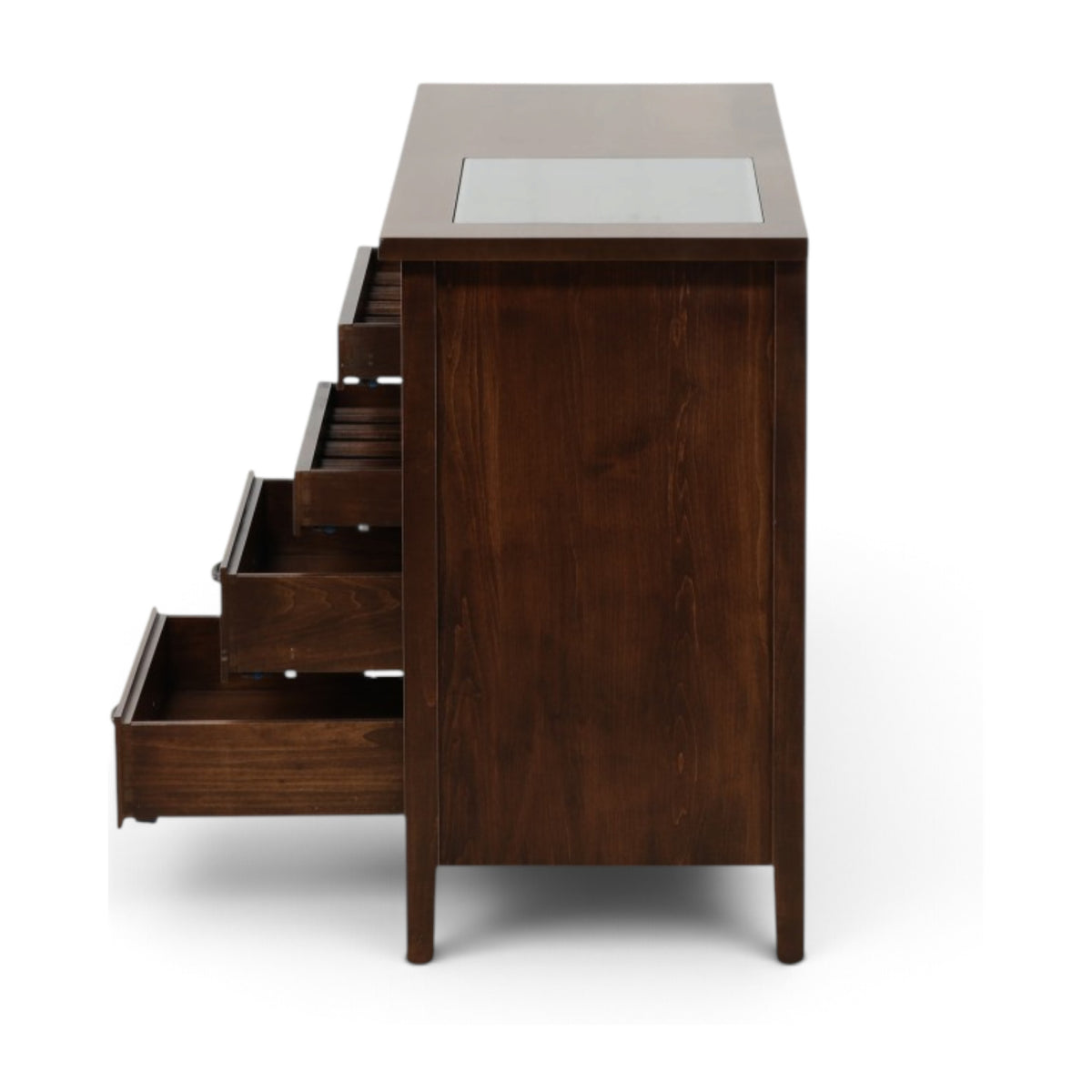 Wooden kitchen server cabinet with open storage shelves and drawers on the left