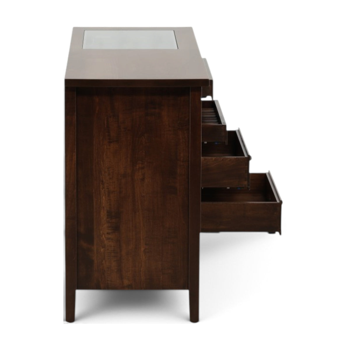 Brown wooden sideboard with open drawers and shelves on the right side