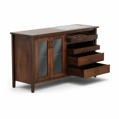 Wooden buffet server with two doors, open drawer compartments, and metal bar pulls