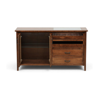 Wooden sideboard server with two doors, inner cabinet space, and three front drawers