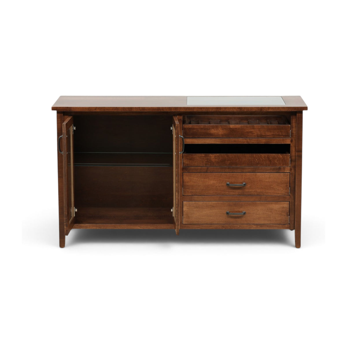 Brown wood cabinet sideboard with two open compartments and three drawer fronts