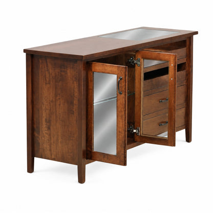 Wooden server cabinet with mirrored door panel and multiple drawer sections