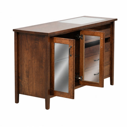 Brown wooden buffet server with a hinged mirror door and drawer storage on the right