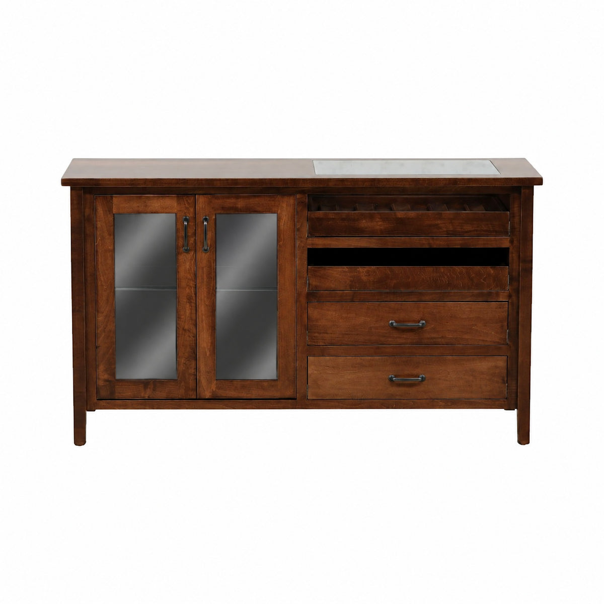 Wood console server with two glass doors and three drawers, light countertop.