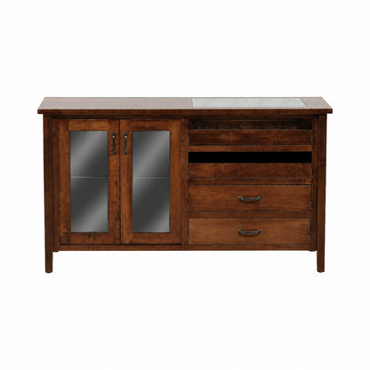 Wood console server with two glass doors and three drawers, light countertop.