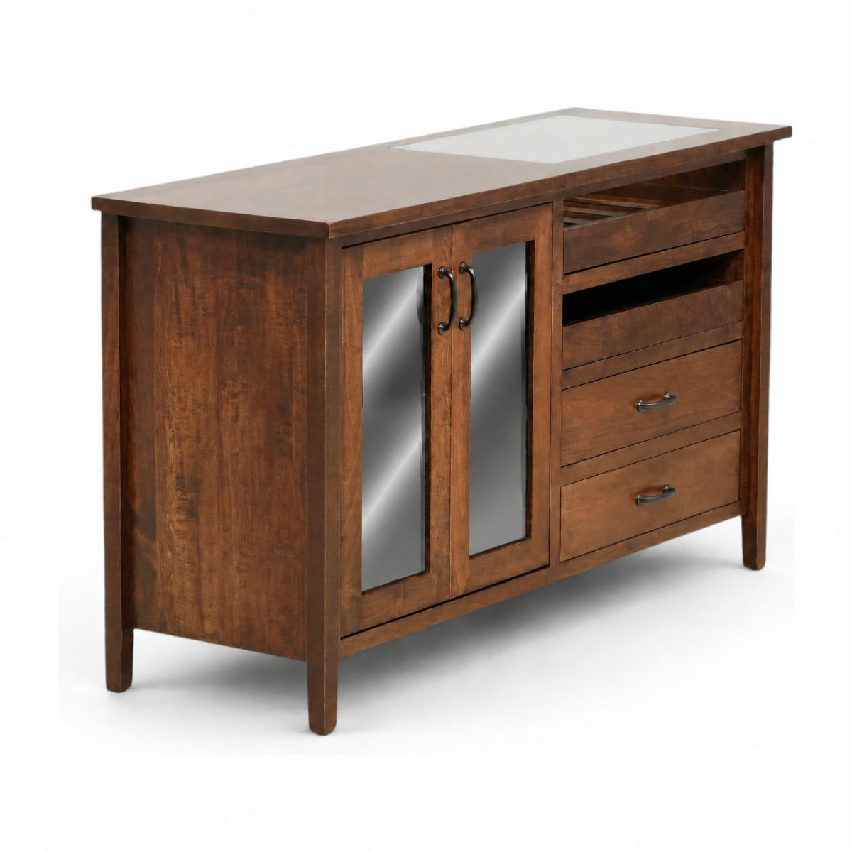Wooden sideboard with two mirrored doors and right-side drawers with metal pulls