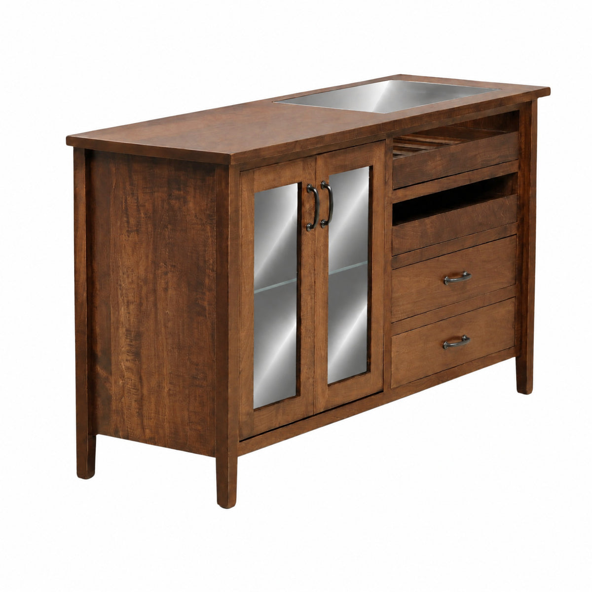 Brown wood server cabinet with two mirrored doors and stacked drawer storage