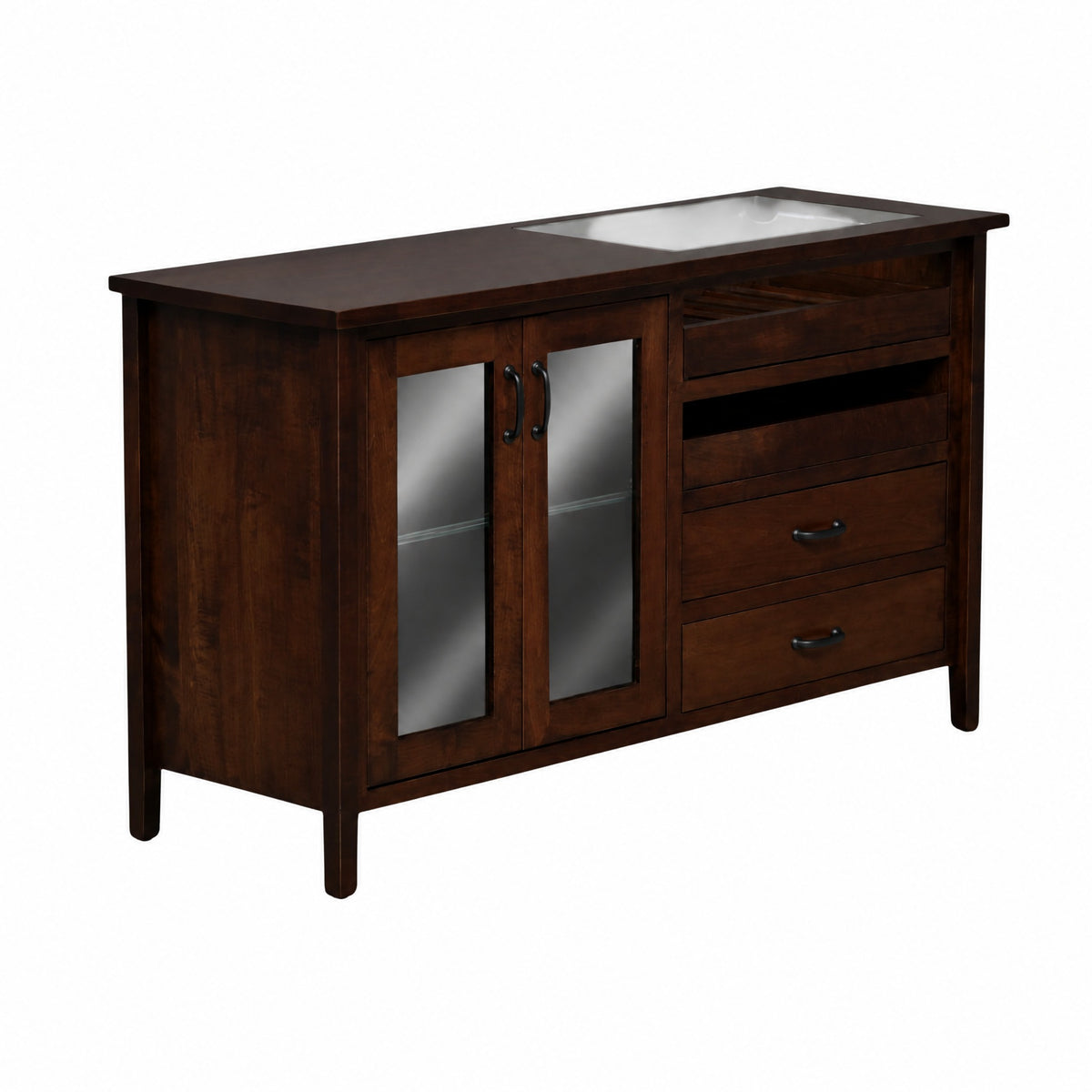 Dark wood server console with two glass cabinet doors and three drawers
