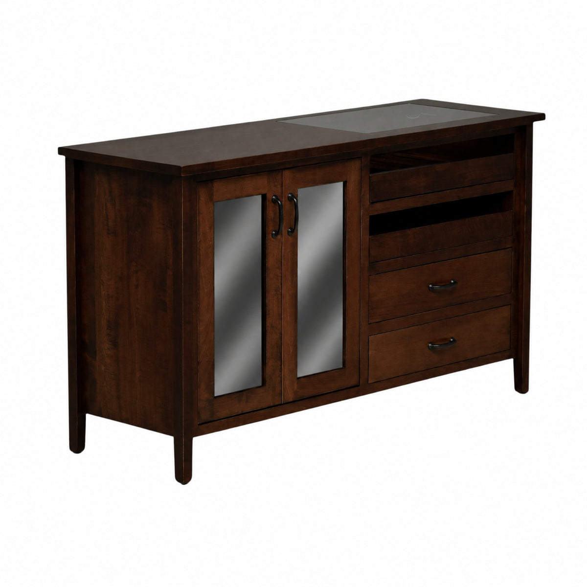 Dark wood server console with open frame details, glass doors, and three drawers