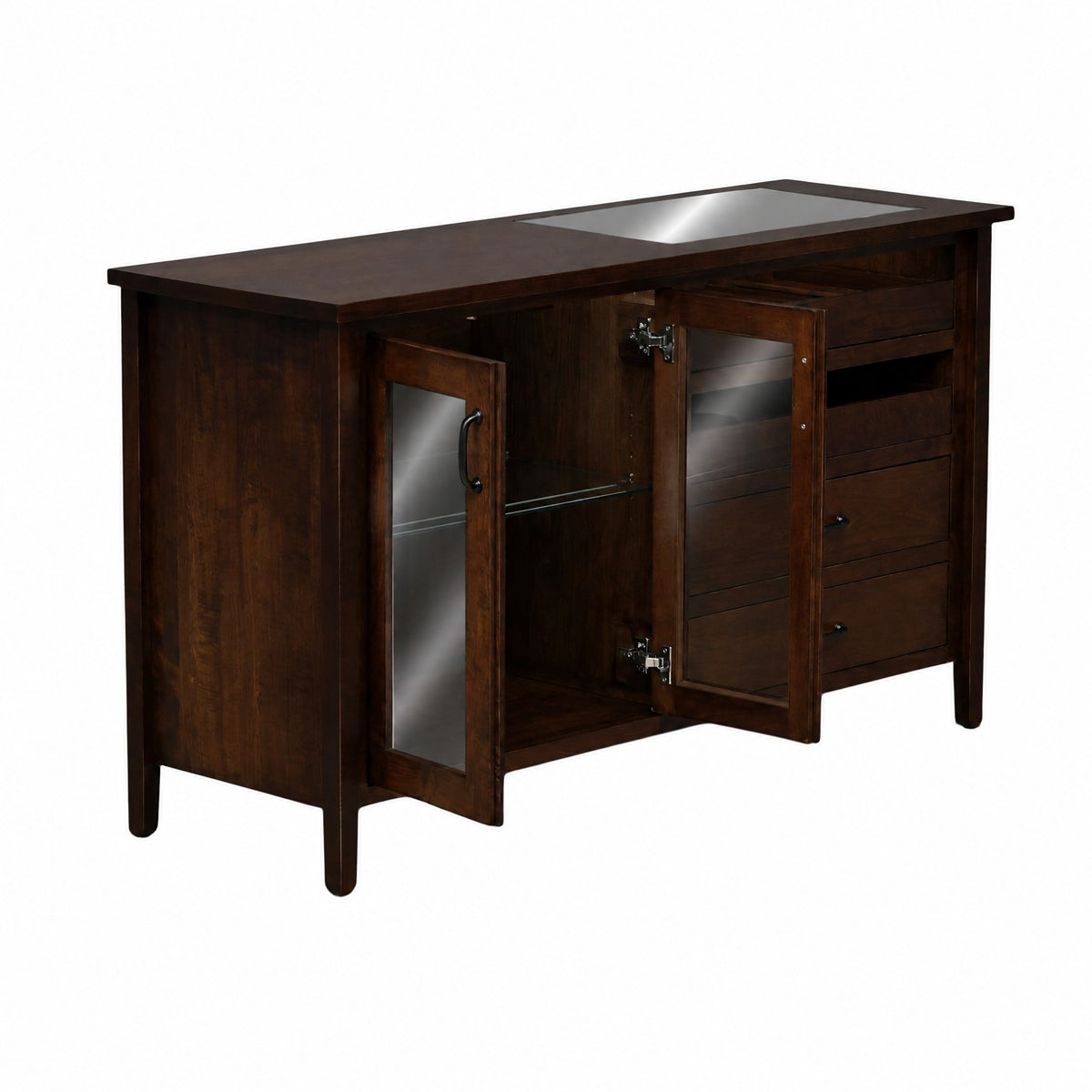 Dark wood server console with glass doors open and an accessible interior