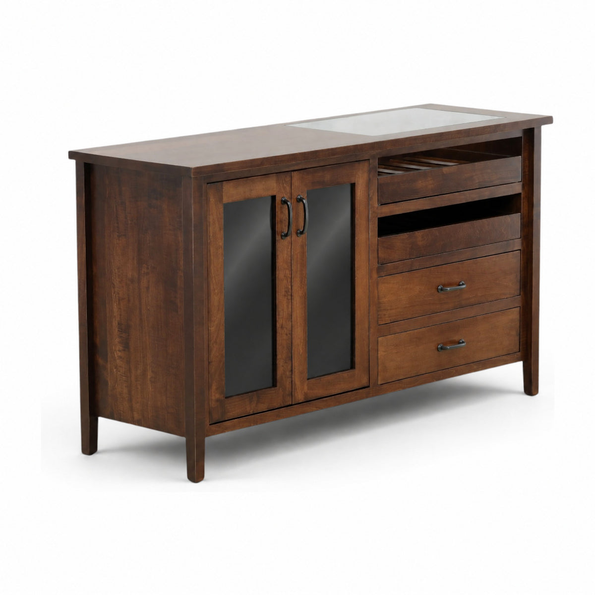 Wood console server with two glass cabinet doors and three drawers, light countertop.