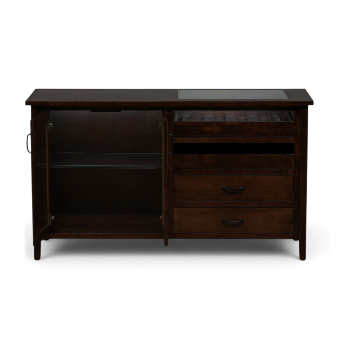 Dark wood server console with open cabinet base and two drawer fronts