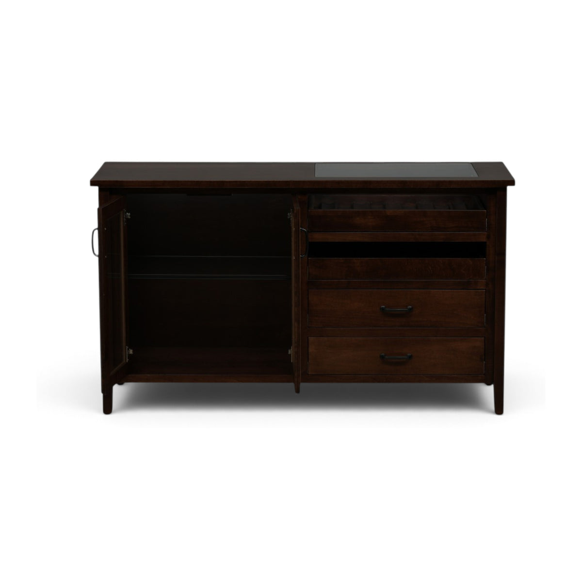Dark wood server console with open cabinet and two drawers, smooth tabletop top