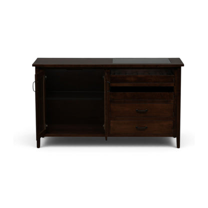 Dark wood server console with open cabinet and two drawers, smooth tabletop top