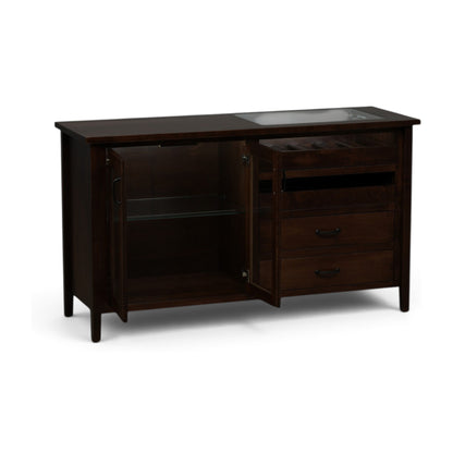 Dark wood server console with left cabinet open and two drawers on the right