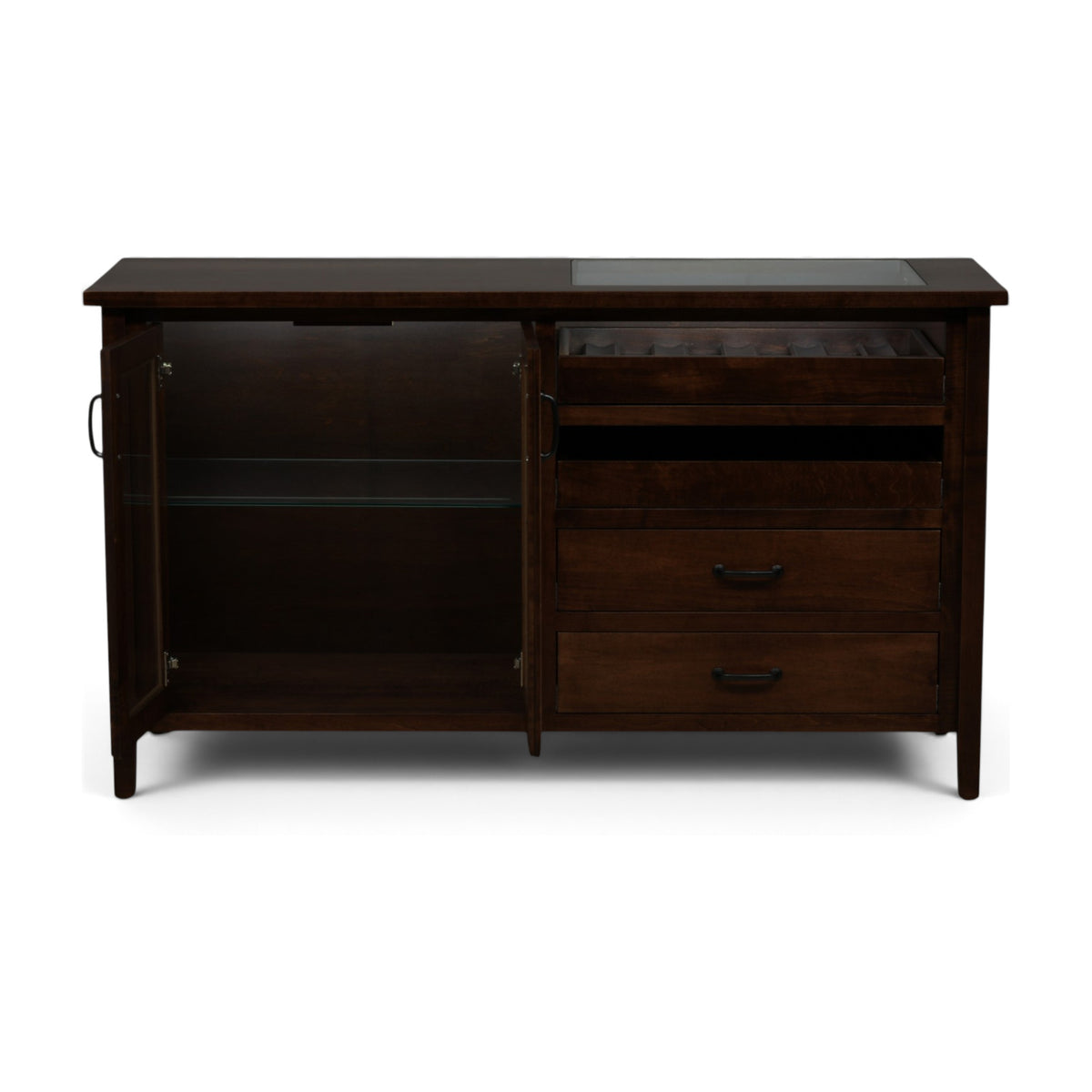 Dark wood server console with both sections open: cabinet interior and drawers