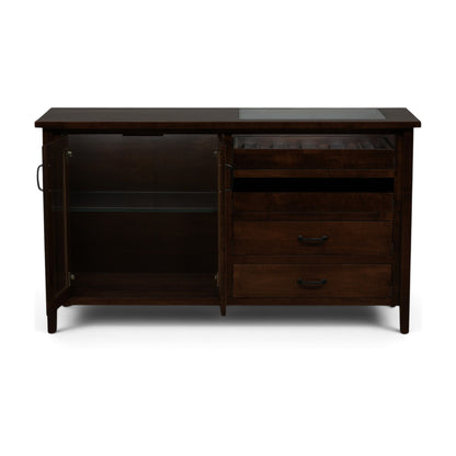 Dark wood server console with both sections open: cabinet interior and drawers