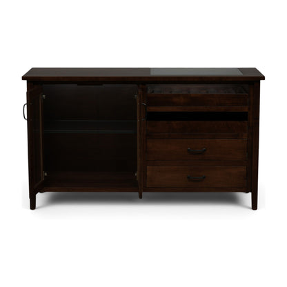 Dark wood server console with open cabinet and two drawer compartments