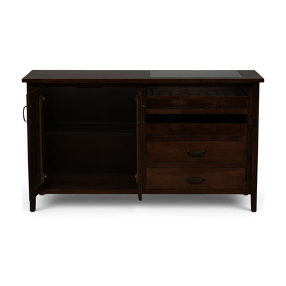 Dark wood server console with open cabinet door and two drawers