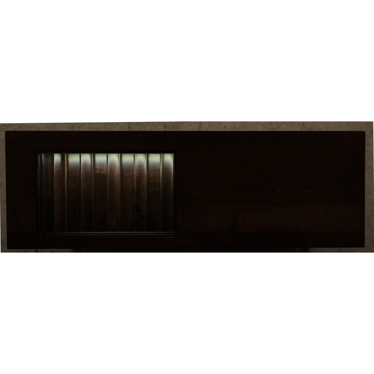 Close-up of dark wood server console with a glass ventilation window