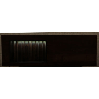 Wooden server cabinet with dark side panel and window opening with vertical light strips