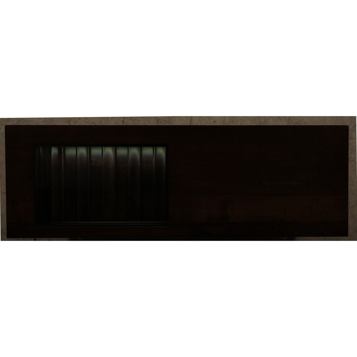 Wooden server cabinet with dark side panel and window opening with vertical light strips