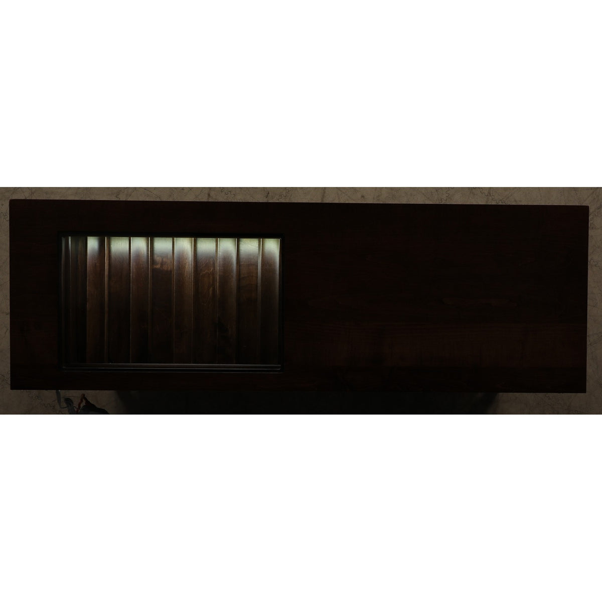 Wooden server cabinet with dark side panel and window opening with vertical light strips