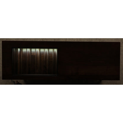 Wooden server cabinet with dark side panel and window opening with vertical light strips