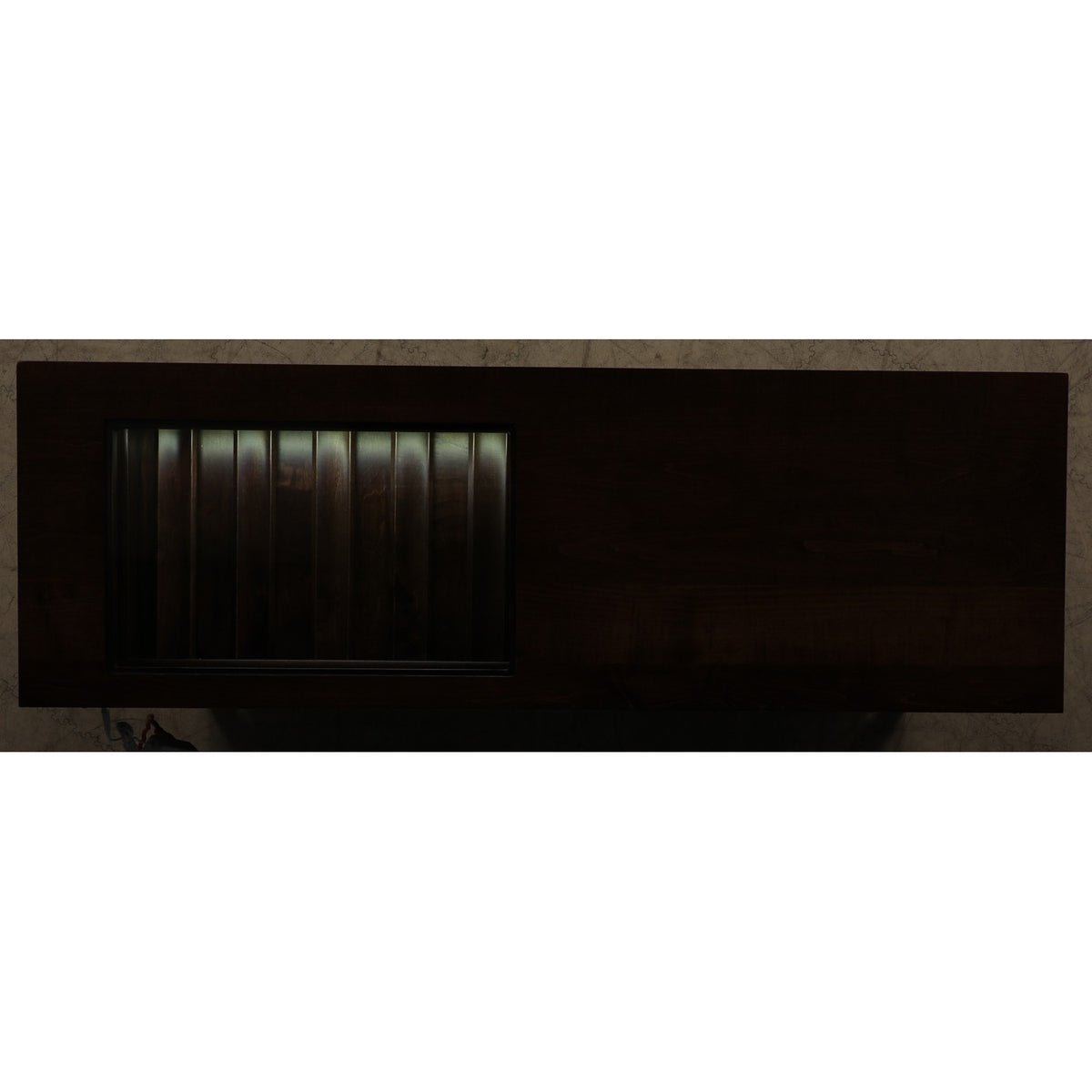 Wooden server cabinet with dark side panel and window opening with vertical light strips