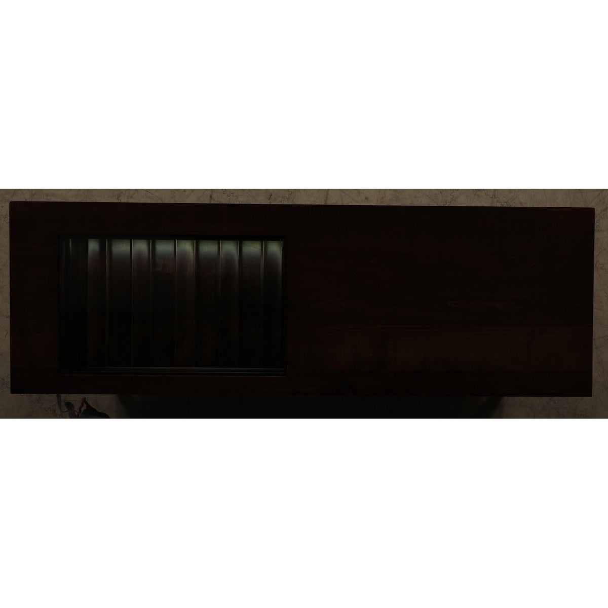 Wooden server cabinet with dark side panel and window opening with vertical light strips