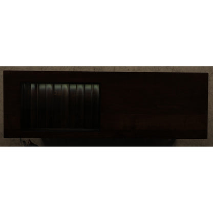 Wooden server cabinet with dark side panel and window opening with vertical light strips