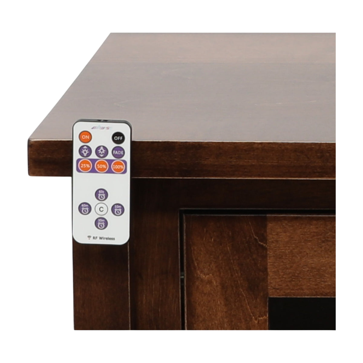 Wooden cabinet corner with gray top and RF wireless remote clipped to the side