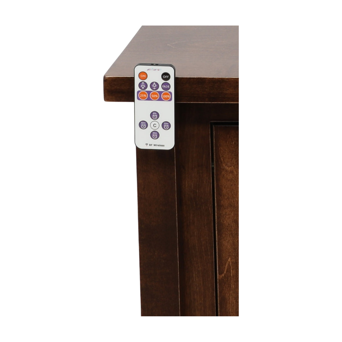 Wooden server cabinet side with gray top and RF wireless remote attached