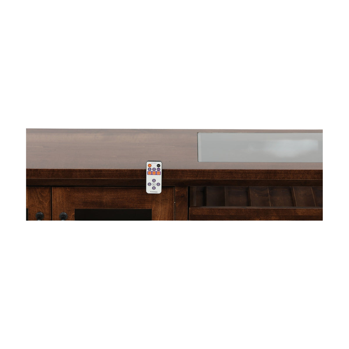 Wooden server cabinet with gray top, built-in opening, and RF wireless remote