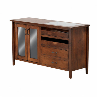 Wood console server with two glass doors and three drawers, light countertop.