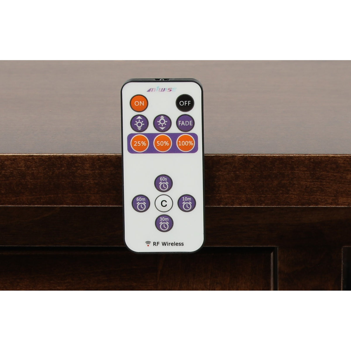 Centered RF wireless remote control with ON/OFF, fade, and timing mode buttons
