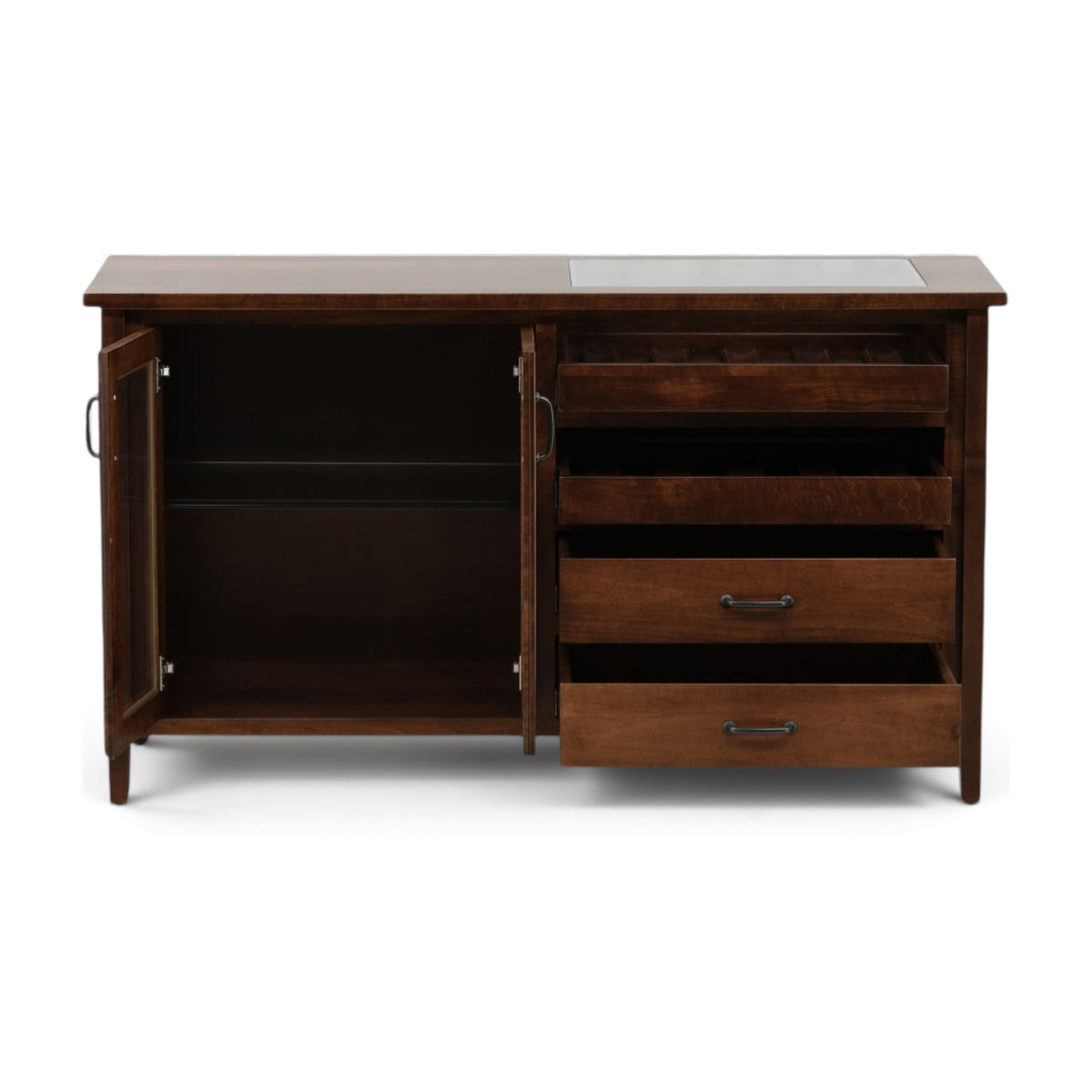 Wood console server with left cabinet open and three-drawer storage on right.