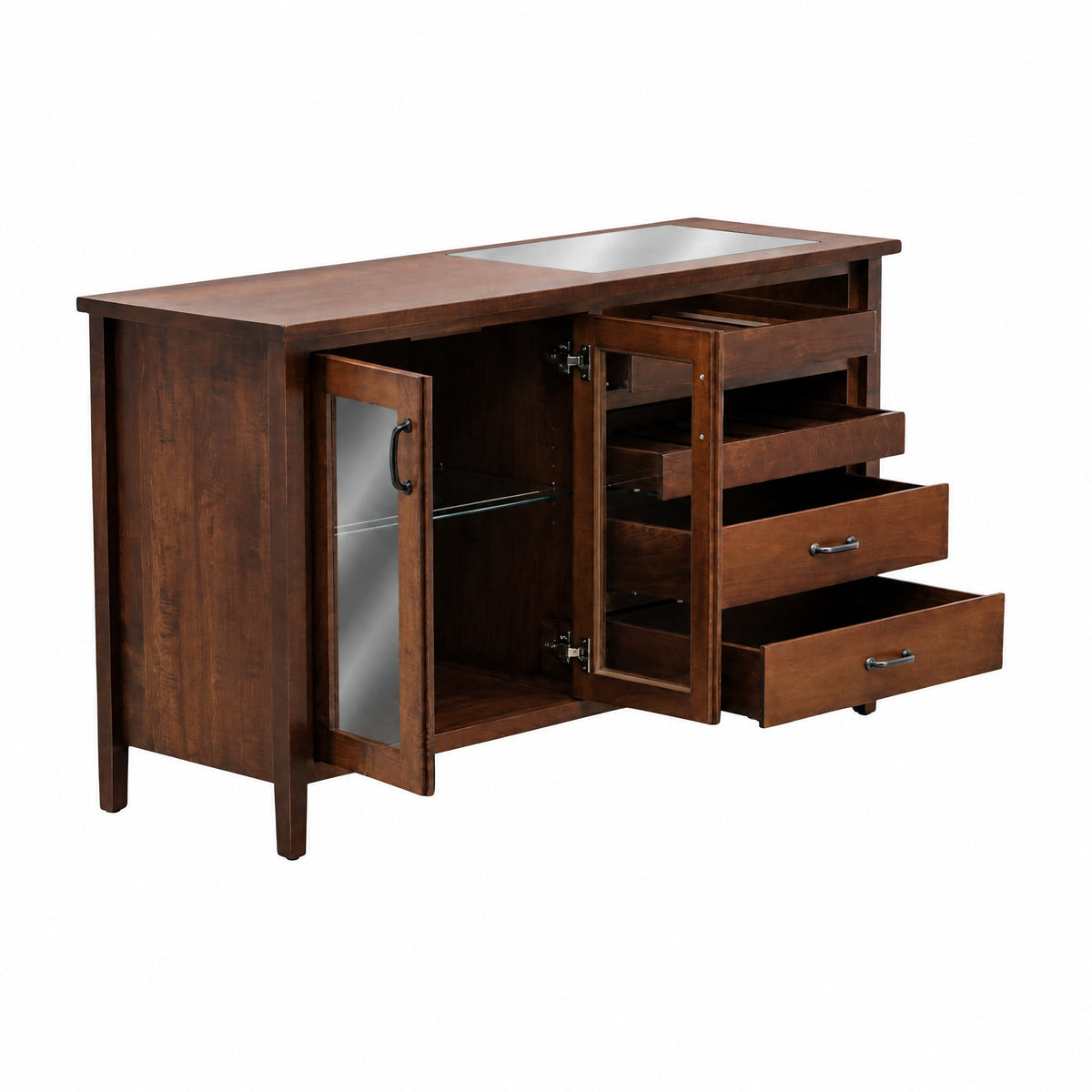 Wood console server with left cabinet open and pull-out drawers on right side.