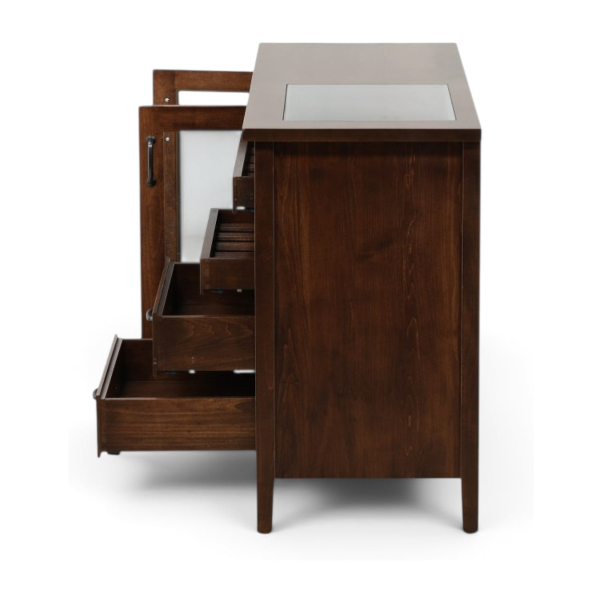 Wood cabinet with open step-style interior and drawer base, light top panel.