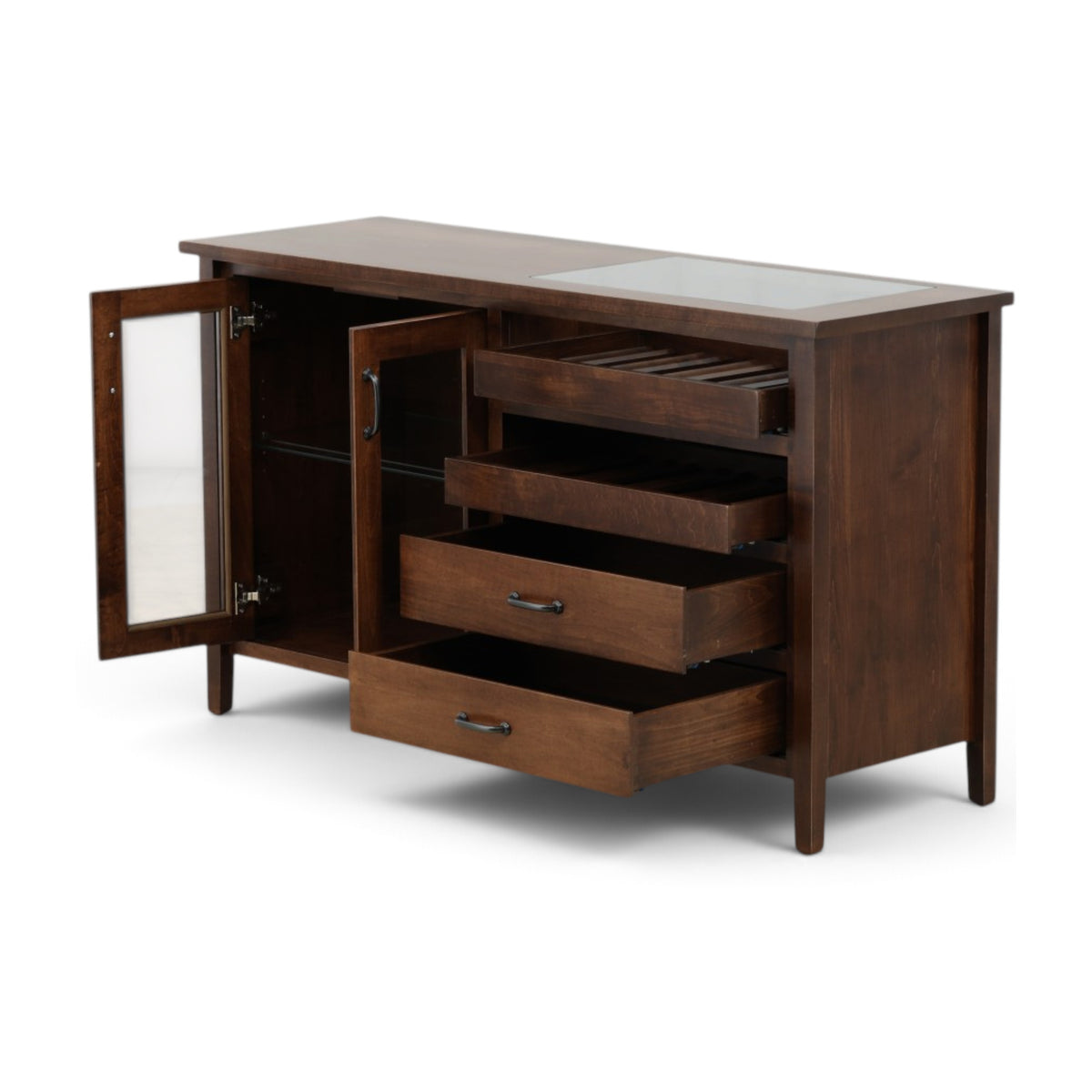 Wood console server with open cabinet doors and multiple pull-out drawers.
