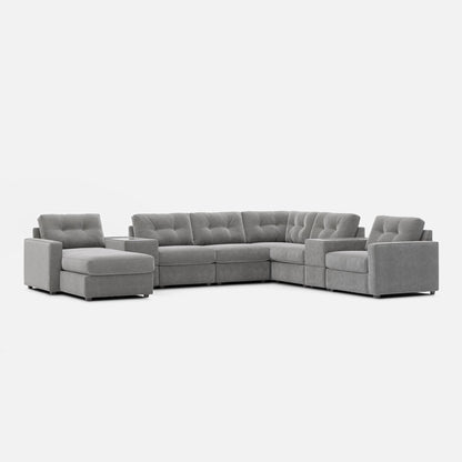 Light gray modular sectional sofa with tufted back cushions and square arms
