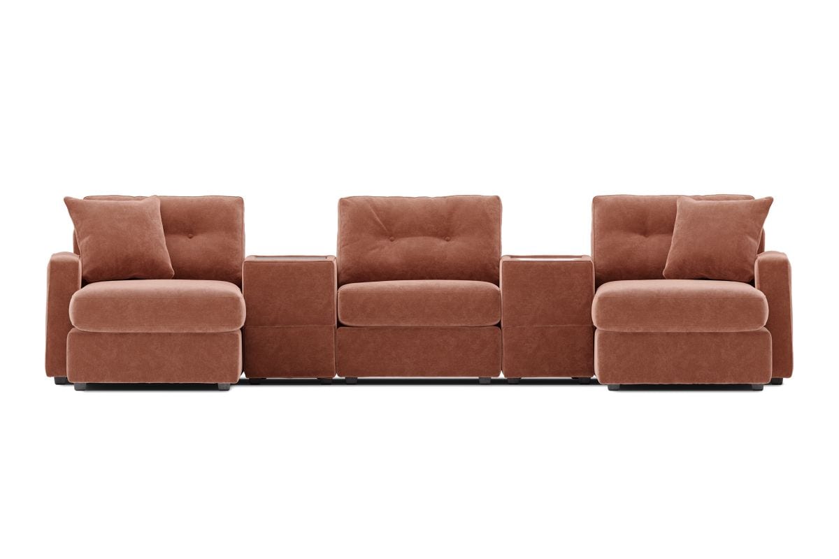 Terracotta theater sectional sofa with dual chaise and tall tufted back cushions.