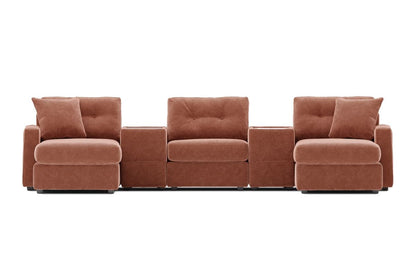 Terracotta theater sectional sofa with dual chaise and tall tufted back cushions.
