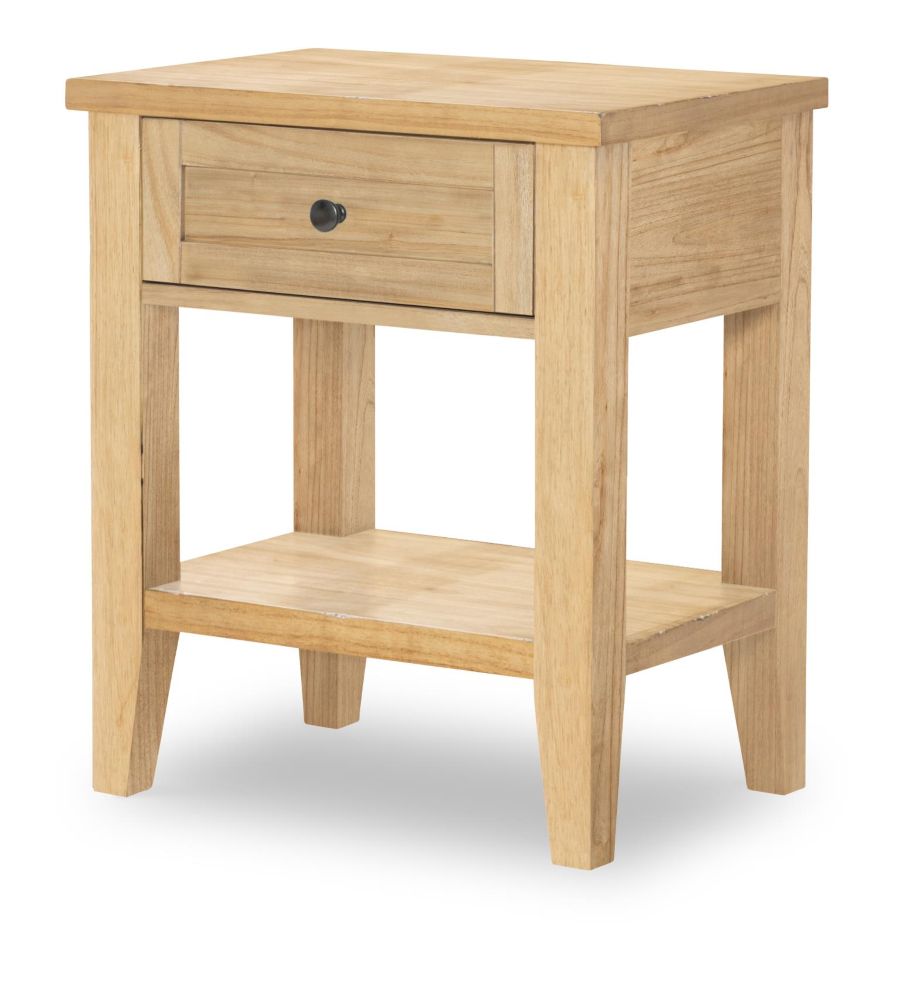 Light wood nightstand with front drawer and open lower shelf