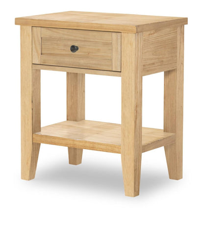 Light wood nightstand with front drawer and open lower shelf