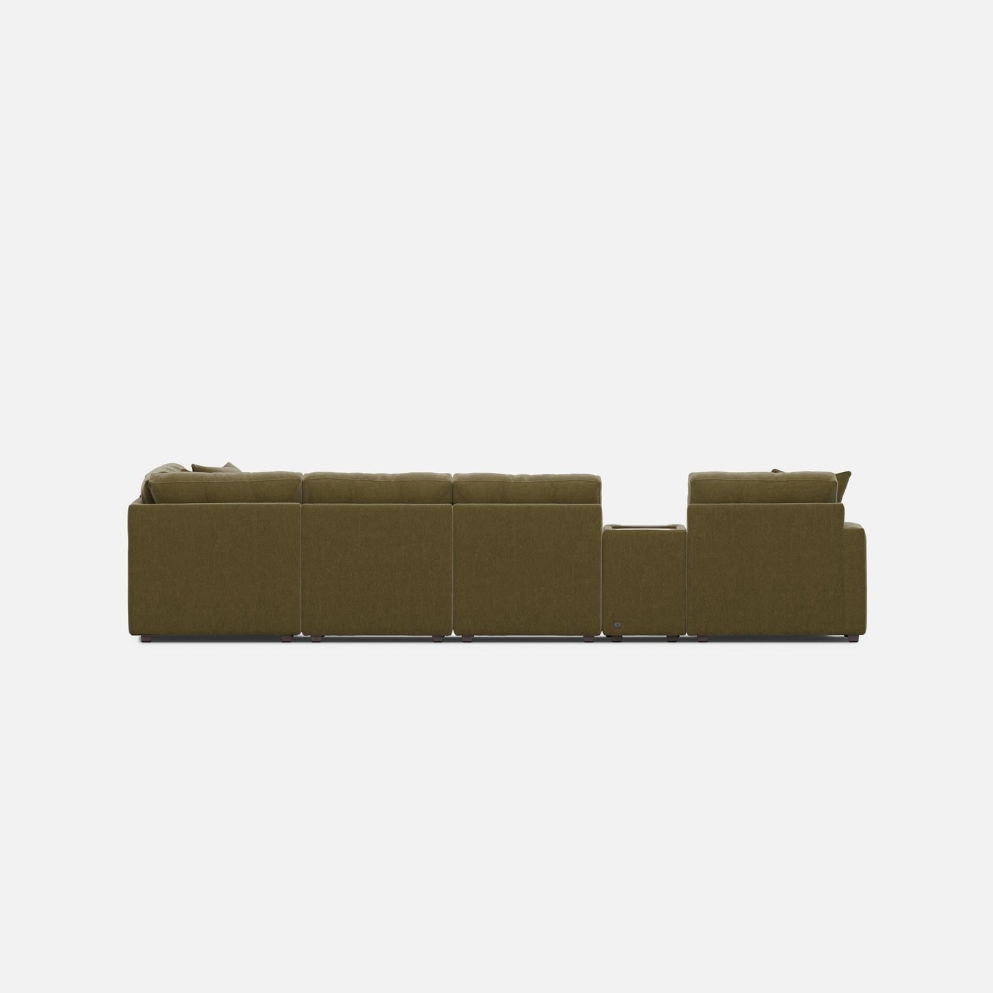 Olive modular sectional sofa, low profile with padded back and end chaise