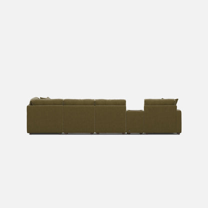Olive modular sectional sofa, low profile with padded back and end chaise
