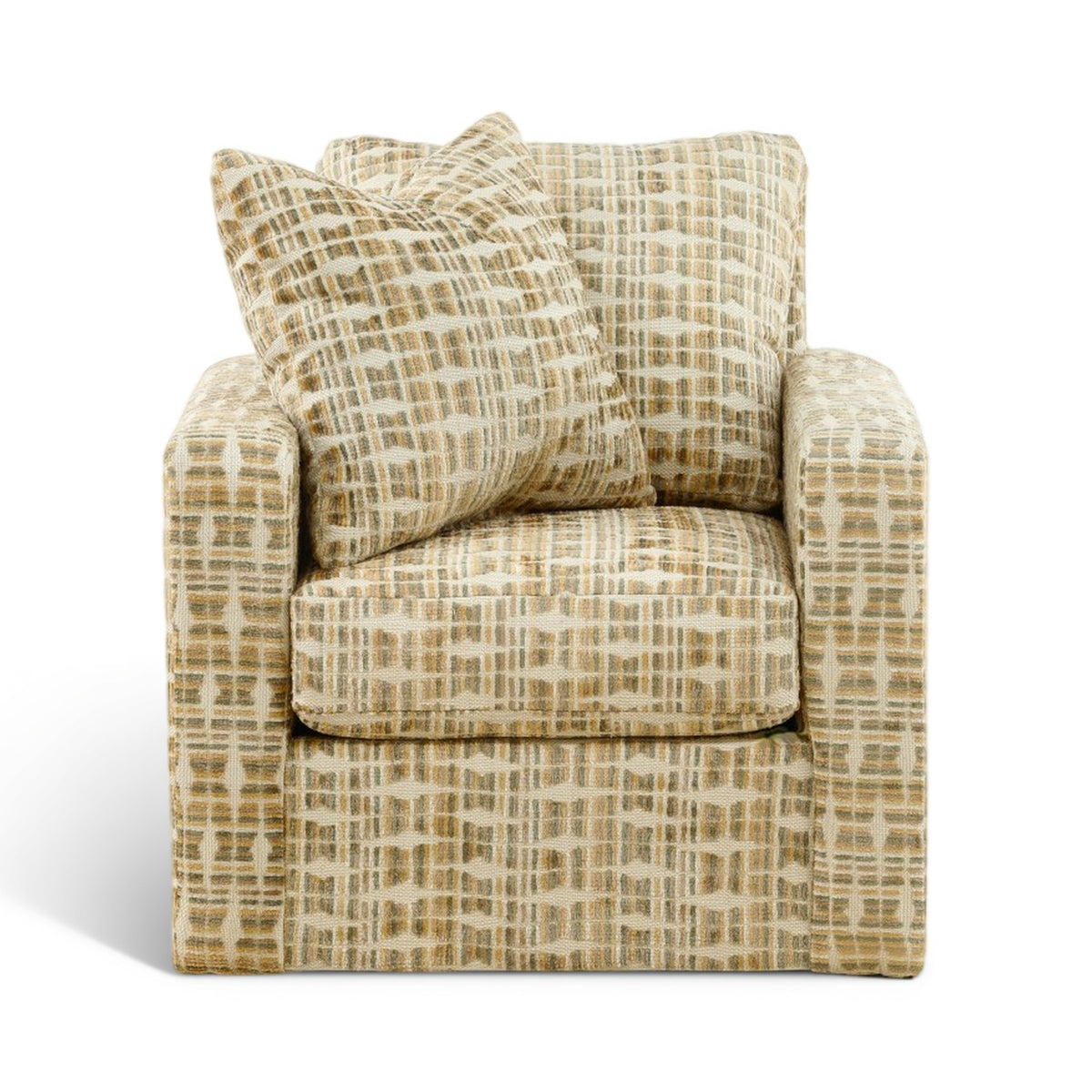 Accent chair with square seat, rolled arms, and beige fabric with tan woven grid pattern.