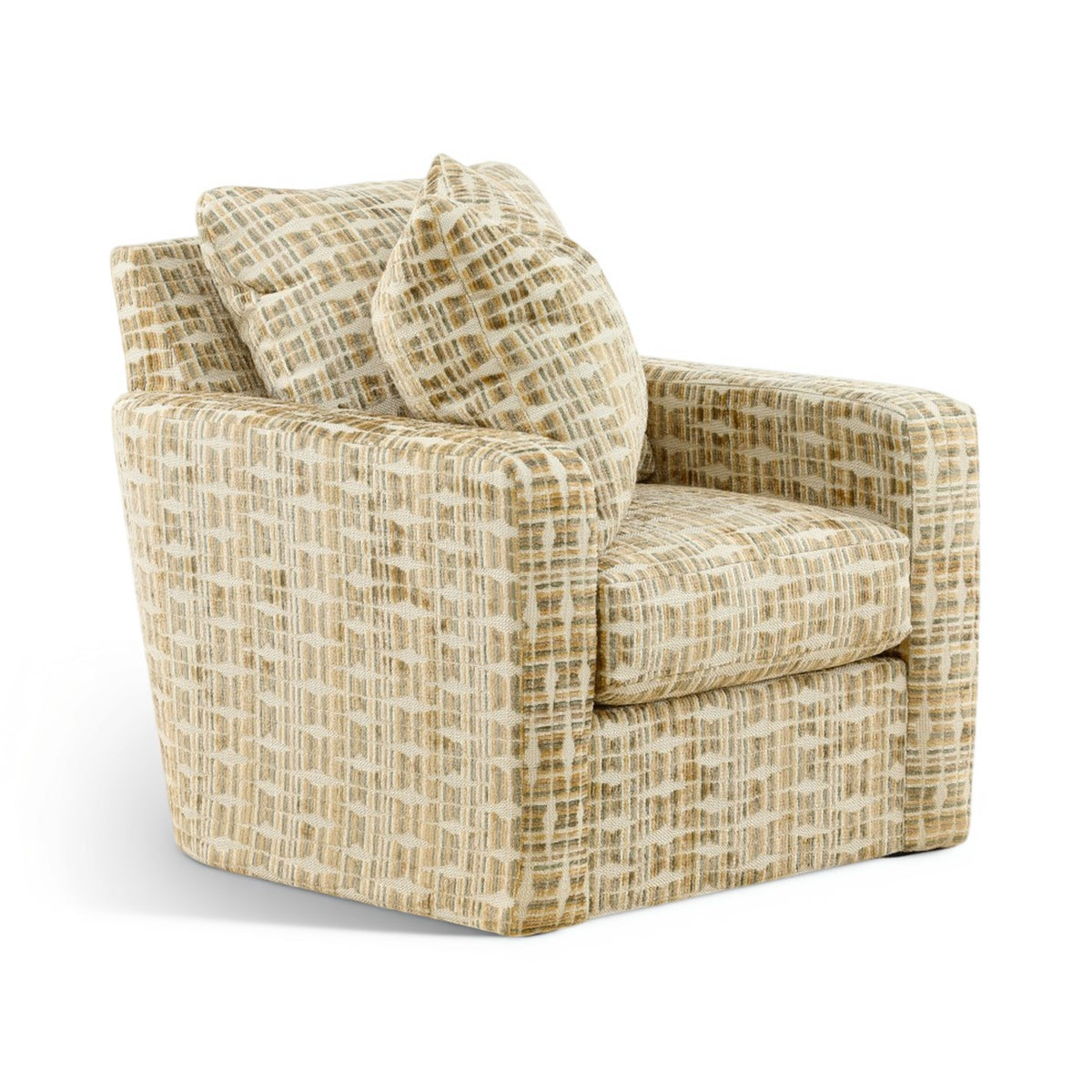 Upholstered accent chair with rolled arms and beige woven fabric with tan grid pattern.