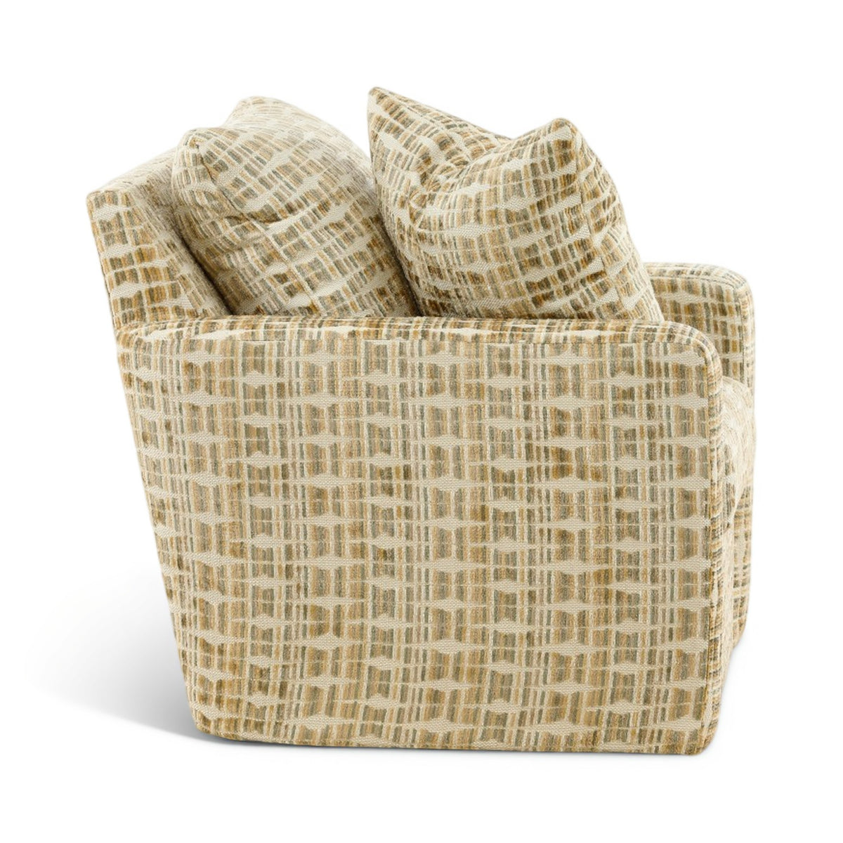 Accent chair in beige with tan woven grid pattern, showing back and seat cushions.